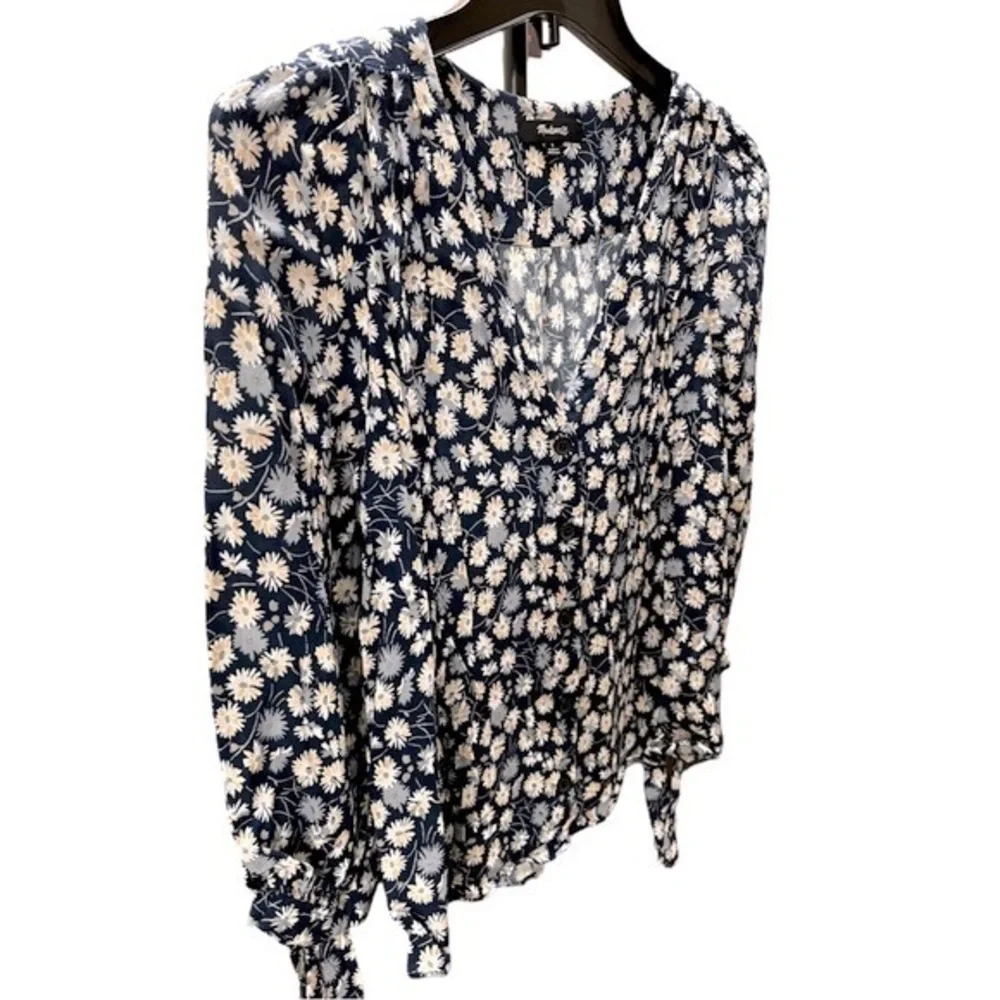 Madewell Button Down Blue/Pink/white Floral Tie Sleeves Blouse- Small - Picture 4 of 10
